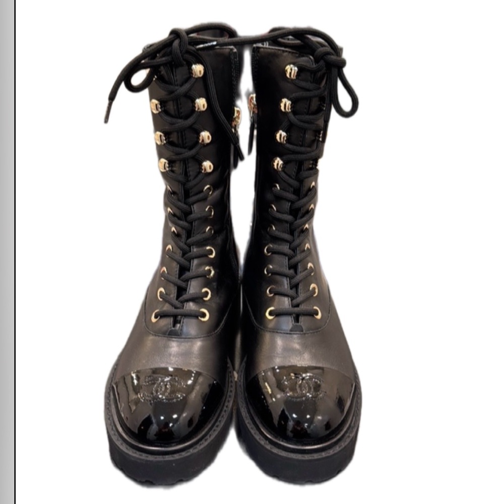 CHANEL Crumpled Calfskin Patent Cap Toe Lace Up Combat Boots 36